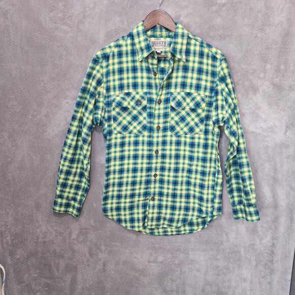Duluth Trading Co Men's Small Green Yellow Plaid Cotton Poly Button Up Shirt - Picture 1 of 6